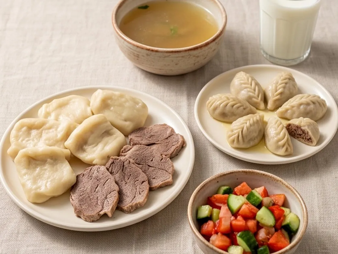 Комбо «Ужин по-дагестански»: Аварский хинкал, курзе с мясом, овощной салат и айран.
