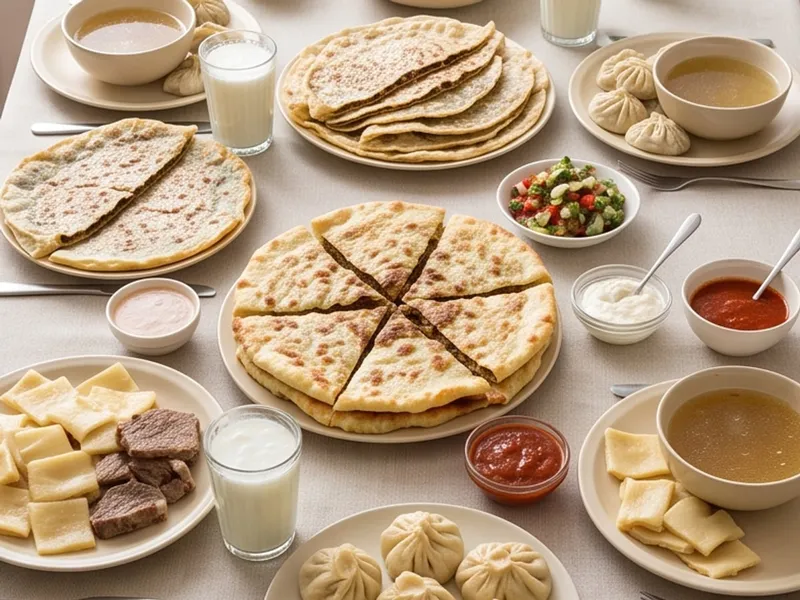 Мужской стол: Четыре больших мясных чуду, шесть афаров с мясом, четыре хинкала, четыре порции курзе, салаты, соусы и напитки.